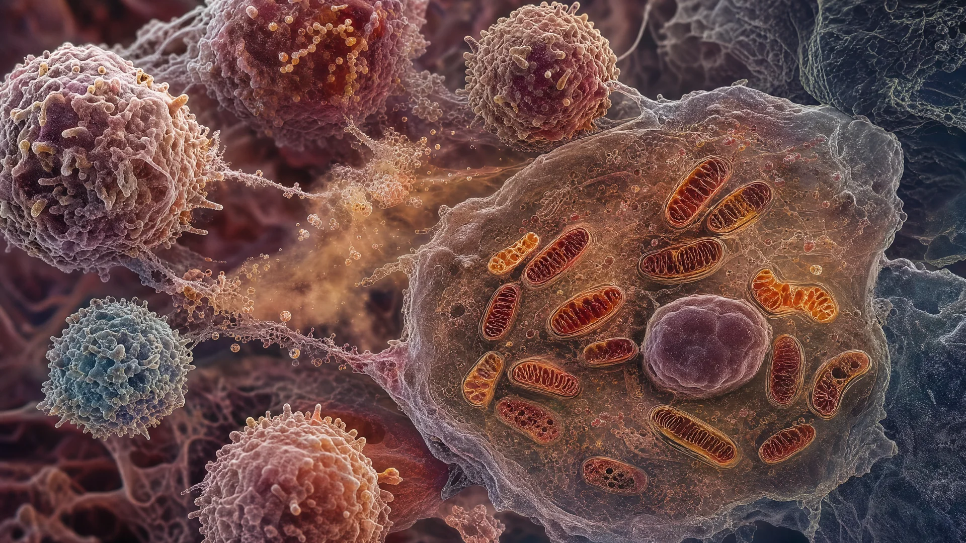 Wissenschaftlich inspirierte Darstellung des Zusammenspiels von Immunzellen und Mitochondrien